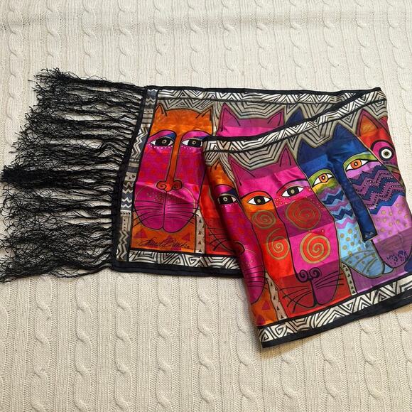 Laurel Burch Accessories - Laurel Burch Tribal Felines 100% Silk Scarf Black Fringe Cat Scarf